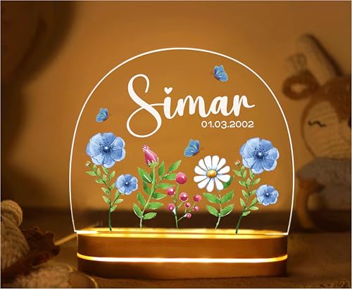 Image of PRINTHUA Plastic Personalized LED Night Table Lamp with Custom Name,Unique Gift for Women,Men,Kids,Girlfriend,Boyfriend,Husband,Wife|Birthdays,& Special Occasions (Cute Flowers),Multicolour