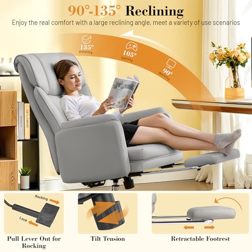 Image of FelixKing Big and Tall Office Chair, 400LBS Wide Leather Executive Chair, Reversible Armrest for Pets Criss Cross Legged, 135 Reclining High Back Gaming Desk Chair with Lumbar Support Footrest, Gray