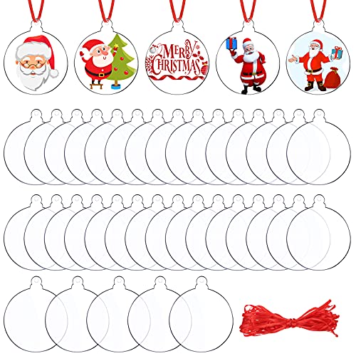 41 Pieces Clear Round Acrylic Christmas Ornament Circle Acrylic Blank Round Acrylic Transparent Circle Discs DIY Christmas Clear Acrylic Ornaments for Crafts Anniversary Holiday Decorations