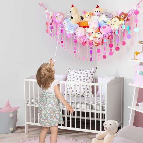 Image of FIOBEE Stuffed Animals Hammock Net Toy Storage Organizer with LED Light, Stuffed Animals Storage Girls Room Decor Wall Hanging with Sequins for Kids Bedroom Nursery Playroom, Light Pink