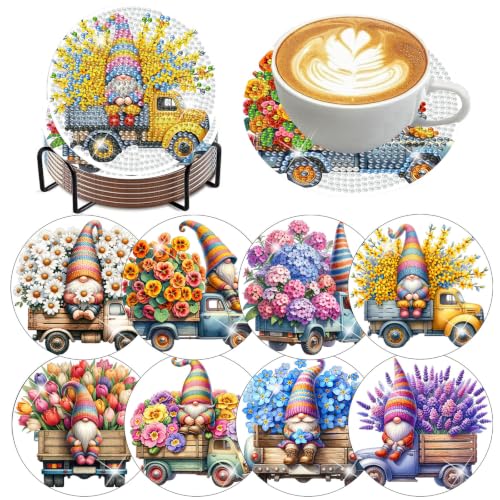 ijbnhd 8 PCS Gnome Diamond Art Coasters Kit 4X4inch (Cork Wooden Pad)