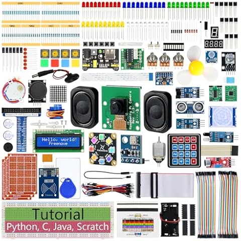 Freenove Complete Starter Kit for Raspberry Pi 5 4 B 3 B+ 400 Zero 2 W, 1170-Page Tutorial, Python C Java Scratch Processing Code, 386 Items, 164 Projects, Camera Speaker (Raspberry Pi NOT Included) Cover