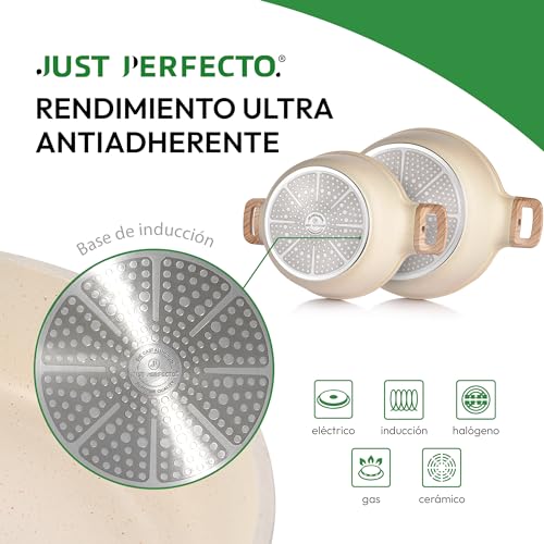 JUST PERFECTO Bateria de Cocina Induccion y Sartenes Antiadherentes, Ollas 28cm, Sartenes 24cm 28cm, Cacerolas libre de PTFE y PFOA (15 piezas beige) - imagen 3