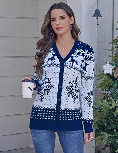 Bresdk Weihnachts Strickjacke Damen Weihnachten Cardigan Langarm Open Front mit Knöpfen Strickpullover Weihnachtspullover Blau M
