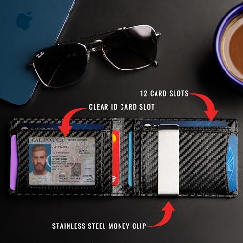 Slim Wallet for Men Leather RFID Blocking with Money Clip Credit Card Holder Bifold Wallets Minimalist 12 Card Slots2