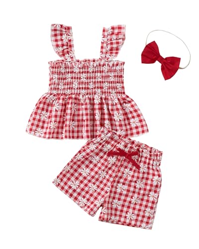Image of Mioglrie Toddler Baby Girl Summer Clothes Infant Spring Outfits Ruffle Sleeveless Shirt Baby Shorts Headband Clothing Set