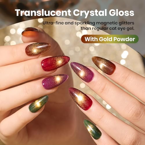 Image of Beetles Gilded Lull Cat Eye Gel Nail Polish Set, 6 Colors Jelly Cat Eye Kit | Jelly Red Green Brown Purple Silver Cat Eye Gel Nail Kit Gold Powder Magnetic Soak Off UV Salon DIY Manicure Gift for Women