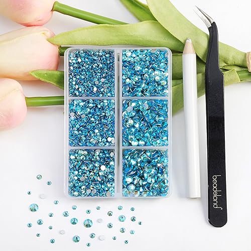 Image of Beadsland 4300pcs Flatback Rhinestones,Blue Rhinestone Nail Gems Round Crystal Rhinestones for Crafts,Mixed 6 Sizes with Picking Tweezers and Wax Pencil Kit, SS6-SS20,Aquamarine AB