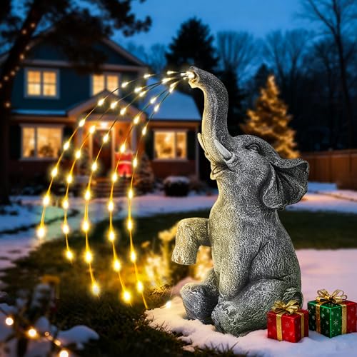 GIGALUMI Estatua de Elefante Mejorada, Decoración de Jardín, Figura de Elefante con Luces LED Solares, Efecto de Riego Real, Regalos para Mamá, Mujeres
