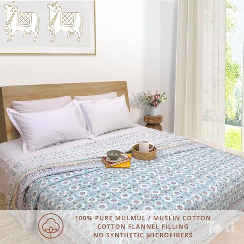 Image of TOAIArt Premium Jaipuri Dohar | AC Blanket Summer Quilt | Hand Block Printed | 3 Layers | Reversible | 150GSM 100% Mulmul Cotton | 100% Cotton Flannel Filling | Queen 90 inch X 108 inch |Small Blue Jaal