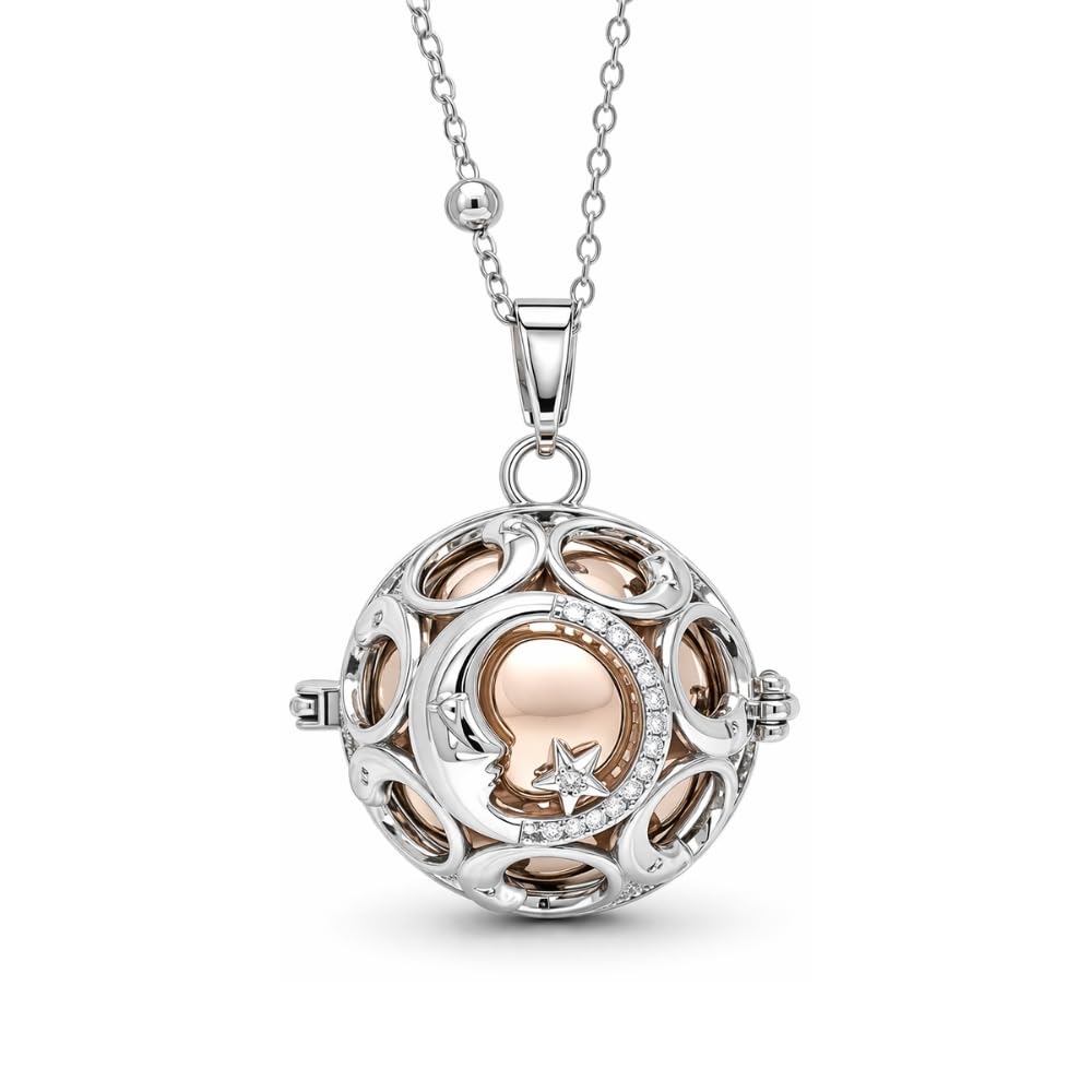 Collana Chiama Angeli Donna Gravidanza Bronzo Placcato Argento – Ciondolo Luna e Stella con Zircone Centrale – Gioiello Premaman Scintillante Luccicante – Idea Regalo Dolce Attesa - cll0996