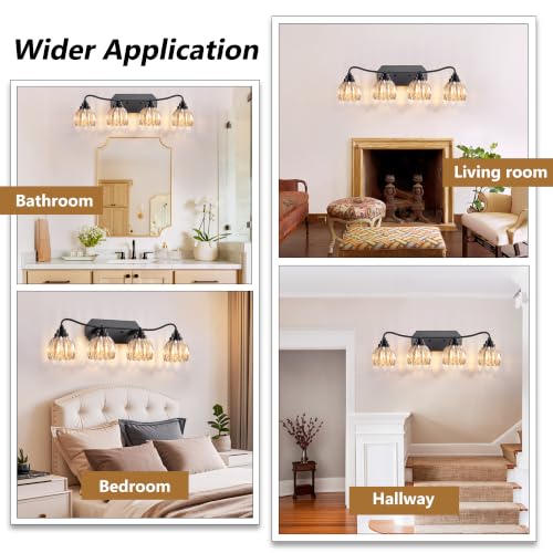 Image of Vintage Vanity Lights, 4‑Light Antique Matte Black Finish | Amber Tulip Crystal Bathroom Light Fixtures, Mid‑Century Style, Bathroom Lighting Over Mirror for Bedroom, Easy to Install