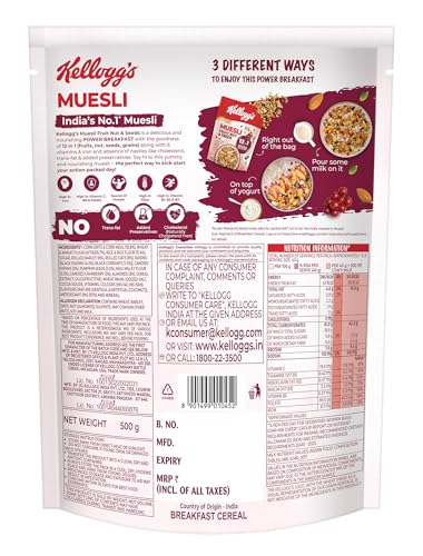 Image of Kellogg's Muesli Fruit Nut & Seeds | 12 In 1 Power Breakfast | No Maida No Palm Oil | India's No 1 Muesli | 500g (Pack of 2)