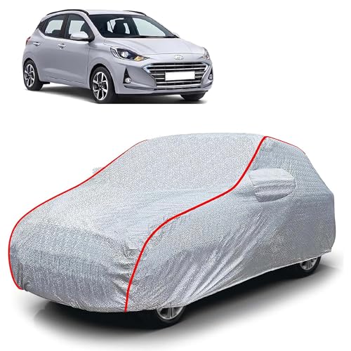 Image of Sulfar 100% Waterproof Car Body Cover Compatible with Mirror for Hyundai Grand i10 Nios (Triple Stitched, Full Bottom Elastic, Magic Silver with Red Piping)