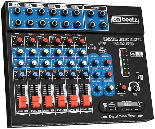 Image of da.beatz. 6-Channel Stereo Echo DJ Sound DJ Mixer with USB and Bluetooth for Parties, Stage Effects, Weddings, Diwali Giving Your Occasion an Impressive Output. (Black) (EMM-6U)