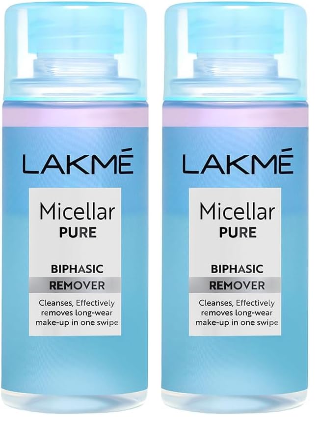 Image of LAKME Biphasic Micellar Face Cleansing Water 100ml | Removes Waterproof Makeup | Oil and Water Formula (Pack of 2)