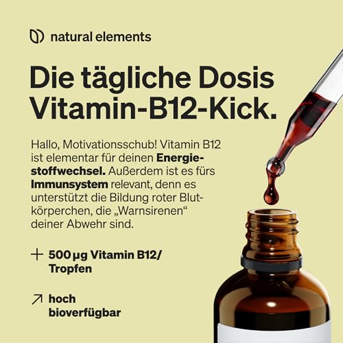natural elements Vitamin B12 Tropfen – 50ml – 500µg B12 pro Tropfen – Jahresvorrat – 2 Aktivformen (Methyl- & Adenosylcobalamin) – vegan, ohne Alkohol – in Deutschland sorgfältig laborgeprüft 3