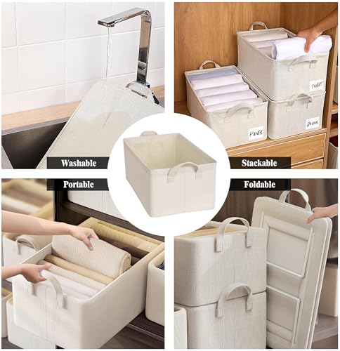 AARAINBOW 4 Pcs Closet Clothes Organizer with Handle, Fabric Storage Box with Steel Frame Stackable Shelf Storage Baskets Foldable Fabric Storage Baskets for Organizing Clothes Toys, 23L (B 4 White) - Image 5