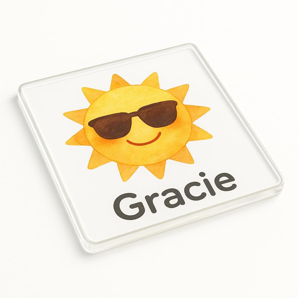 Personalised Name Acrylic Coaster Gift with Whimsical Sun Design - Playful Kids Party Decor and Favour, Cheerful Drinkware Protection