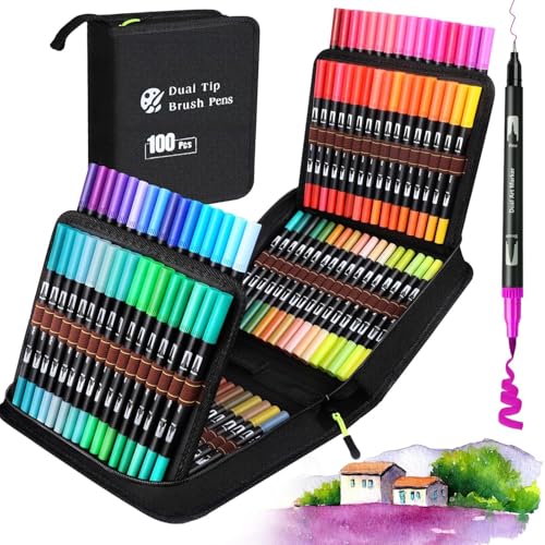 Image of Acrylic Paint Markers Brush Tip Set | Vibrant Colors with Direct-Liquid Ink System | Professional Art Paint Pens for Rock, Canvas, Glass, Wood, Plastic, Fabric & DIY Craft Projects (100)
