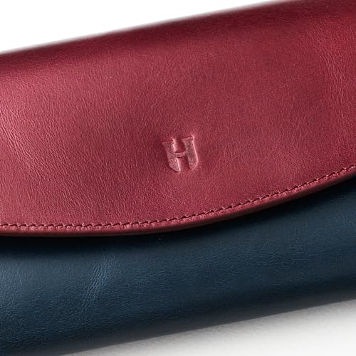 Handcrafted Full-Grain Leather Women’s Wallet, RFID Blocking, 12 Card Slots, 3 Compartments, Removable Zipper Coin Pouch, Gift Box & Pouch, Christmas & Birthday, Burgundy-Navy Blue3