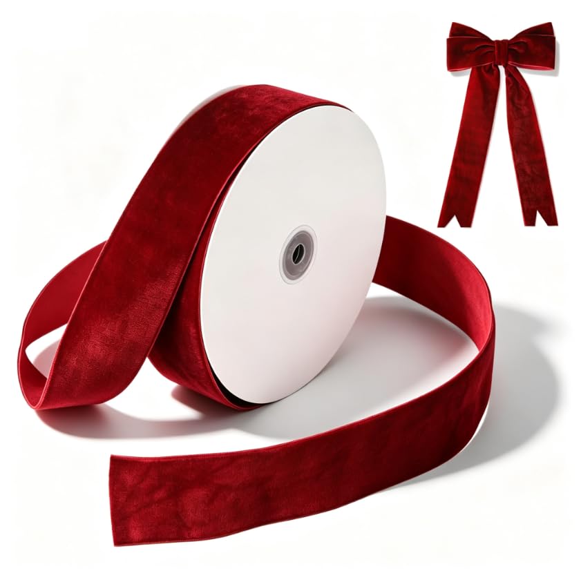 Red Velvet Ribbon,25mm X 25yard Burgundy Velvet Ribbon,Thick Soft Luxurious for Gift Wrapping,Bouquets Bundling,Wedding Decoration Bows and Crafts,Wedding Decor Festival Supplies,Halloween,Christmas