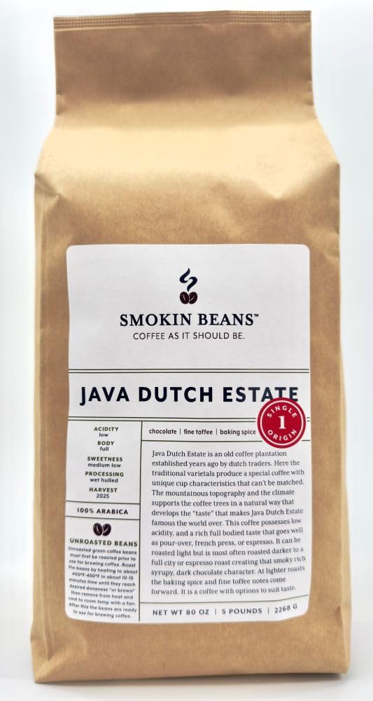 5-Pound Java Dutch Estate, Unroasted Green Arabica Coffee Beans, Fresh Current Crop Specialty Grade, Roast the Beans Yourself at Home on Your Roasting Equipment Prior to Using for Brewing Coffee