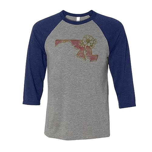 TeesAndTankYou Watercolor Maryland Three-Quarter Raglan Sleeve Baseball Shirt Unisex Large Grey/Navy