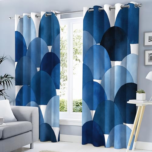 MULERN Cortinas Negras Opacas Termicas, Aislantes Frio y Calor Cortina Dormitorio, Estampadas Abstracto Semicírculo con Ojales Cortinas Salon Acuarela 2 Piezas, Azul, 140An x 175Al cm