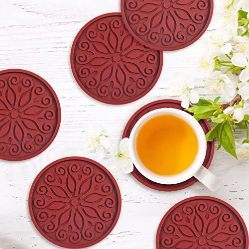 Qusum Coasters For Drinks,Resistant Reusable Silicone Coasters With Holder,Set Of 6 - Great Gift For Birthday, Housewarming, Room Decor, Holiday Party, Bar Coasters (Red) #TOP2