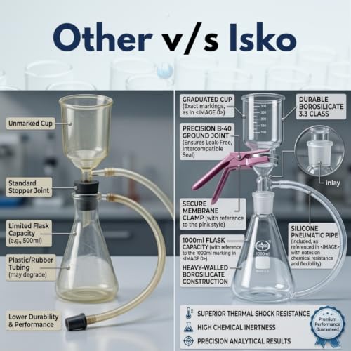 Image of ISKO Borosilicate glass Membrane Filter Holder Assembly with 350ml graduated sintered cup and silicone Pneumatic Pipe - 1000ml flask capacity B-40 Joint 47MM Filter (1 set)