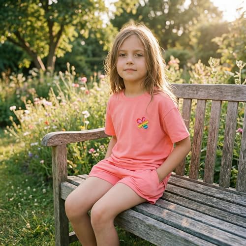 Image of SELINK Girls Travel Outfits Set Rainbow Striped Two Piece Lounge Sets Casual Sweat Tracksuit Matching Runner Shorts