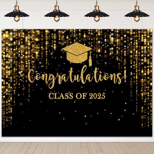 Mocsicka Class of 2025 Backdrop Black Gold Glitter Bokeh Graduation Party Background 2025 Congrats Grad Prom Party Cake Table Decoration Photo Booth Props (10x7ft)