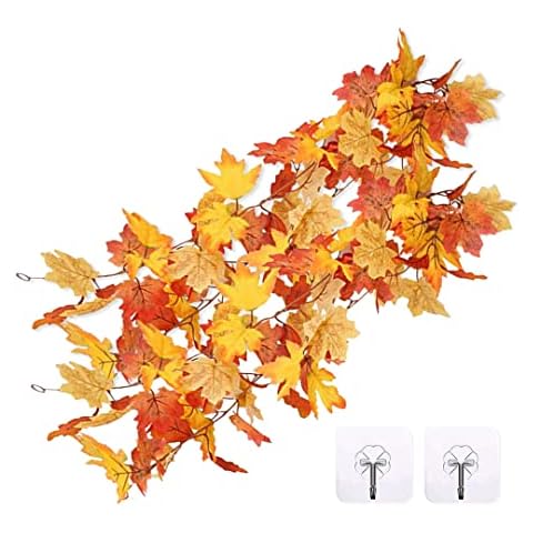 Pack of 2 Artificial Maple Leaf Garlands Autumn Garland Long 175 cm Maple Leaves Autumn Leaves Garland Hanging Plant for Indoor, Outdoor, Thanksgiving, Wedding, Parties, Fireplace etc Cover