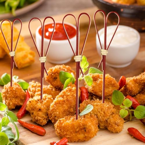 Image of Somani Decorative Bamboo Cocktail Picks Red Heart Loop | Bamboo Strip Heart Topper Food Picks for Appetizers, Drinks & Garnish | Cafe, Lounge, Bakery, Catering & Home Entertaining | Pack of 100