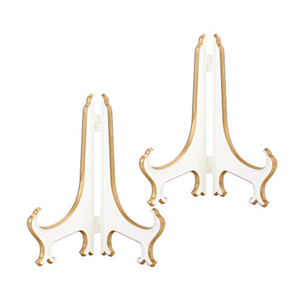 Artliving 6" Decorative Plate Stand Holder Plastic Picture Easel Display Stand Picture Frame Stand White Gold (2 Pack)