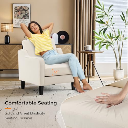 Image of VINGLI Beige Accent Chairs for Living Room, Line Comfy Upholstered Chair Mid Century Modern Armchair for Bedroom, Home Office, Small Spaces, Apartment