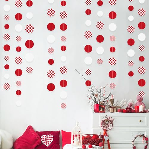 Image of Red Party Decorations White Red Checkered Circle Dots Streamer Hanging Paper Polka Dot Garland for Birthday Wedding Shower Bachelorette Christmas Carnival Circus Picnic Party Decorations Supplies