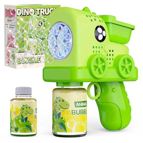 Panamalar Camião dinossauro pistola de bolhas para crianças, máquina de bolhas com luzes/10000 bolhas / solução, 10 furos pistola de bolhas de sabão para festas ao ar livre, verde