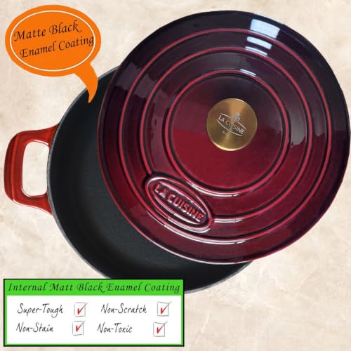 Image of La Cuisine Enameled Cast Iron Braiser Saute Pan Shallow Dutch Oven with Golden Knob for Lid Internal Matt Black Enamel 3.75 QT 11 inch / 28cm O Oven-Safe 550F /276C, Cranberry