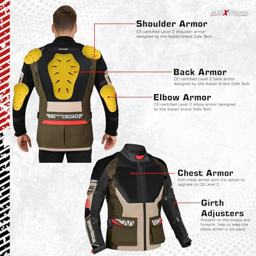 Image of Allextreme RALLY Unisex Motorcycle Touring Riding Jacket Polyester & Mesh Fabric with Abrasion Resistance Impact Protection Back Elbow Shoulder CE Lvl 2 Certified Armour Chest for Bikers(2XL, O Green)