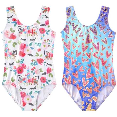 EQSJIU 2 Packs Biketards For Girls Gymnastics White Cat Shiny Heart Gymnastics With Shorts 5-6 Years Cover