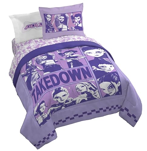 KPOP Demon Hunters Queen Comforter Set 7 Piece Kids Cartoon Bedding Purple