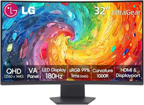 Image of LG 32 Inch Ultragear Curved Gaming Monitor, QHD (2560x1440) VA, 180Hz, 1ms