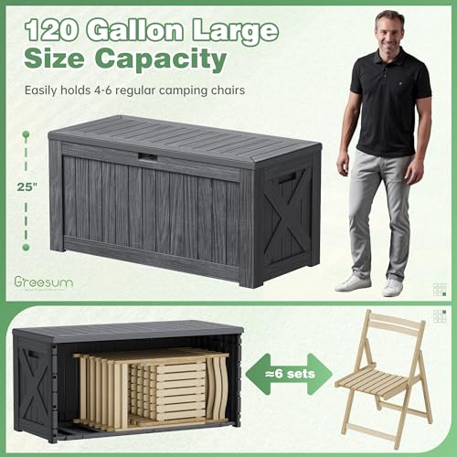 Image of Greesum Outdoor Storage Box 120 Gallon Storage Bin with Lid for Patio Furniture, Garden Tools, Pool Supplies, Lockable, Waterproof and UV Resistant, Gray