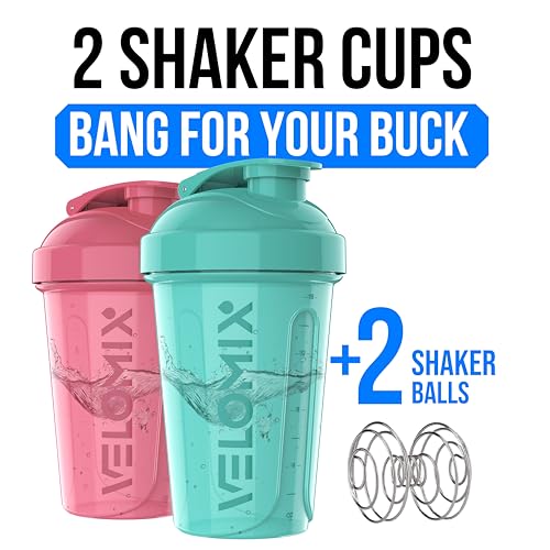 Image of VELOMIX -2 Pack- 20 oz Protein Shaker Bottles for Protein Mixes - 2x Wire Whisk | Leak Proof Shaker Cups for Protein Shakes and Pre Workout | Protein Shaker Bottle Pack (A4) Pink /Turquoise