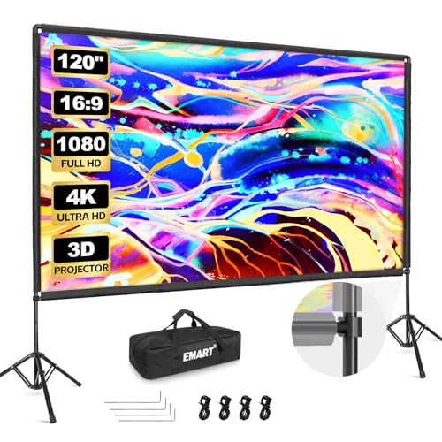 Image of EMART Outdoor Projector Screen with Stand, 120 Inch Portable Indoor 16:9 4K HD Rear Front Movie Screens & Foldable Tripod with Carry Bag for Theater Home Backyard Movies