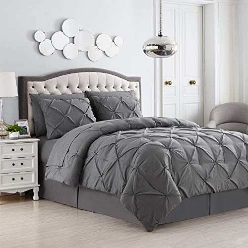Image of King Size Comforter Set 8 Piece Bed in a Bag with Bed Skirt, Fitted Sheet, Flat Sheet, 2 Pillowcases, 2 Pillow Shams, King, Pintuck Gray