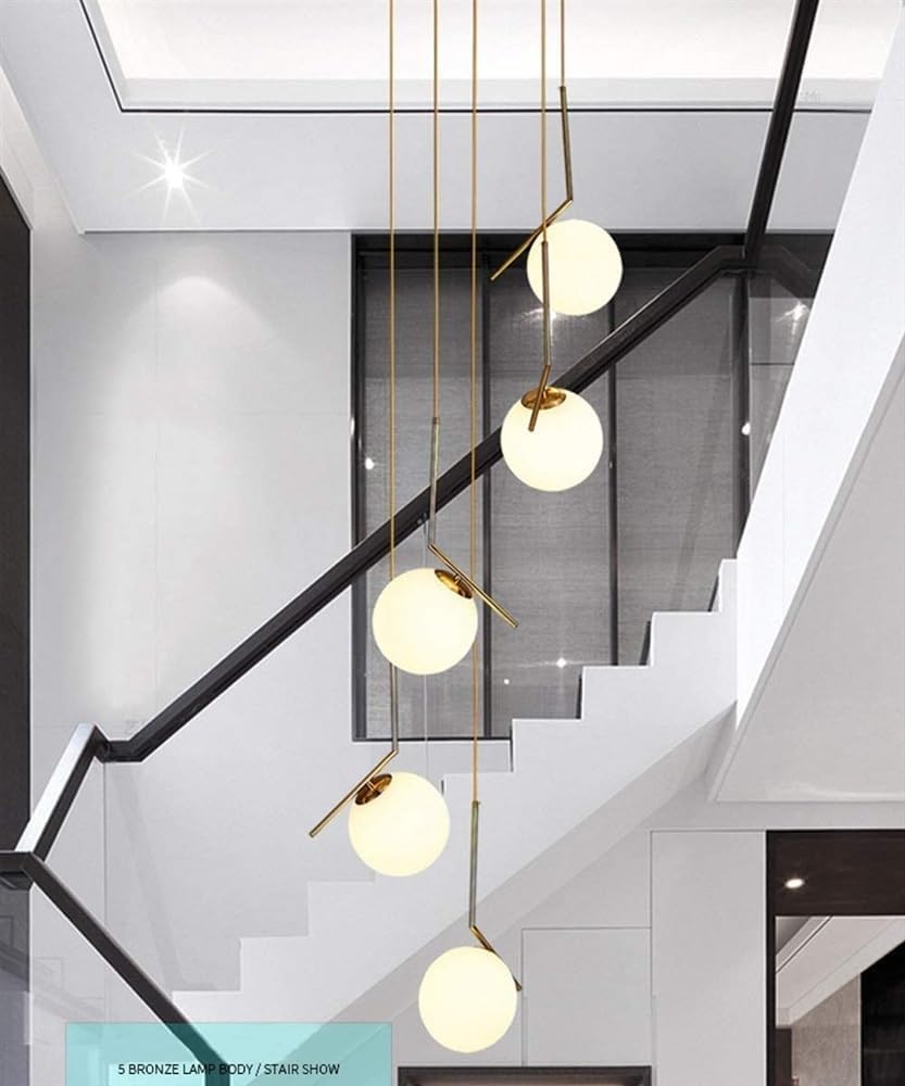 ASerZenith Multi-Lights Long Staircase Pendant Light Villa Luxury Staircase Chandelier Villa Long Luxury Staircase Ceiling Lighting,Brass-5 Lights