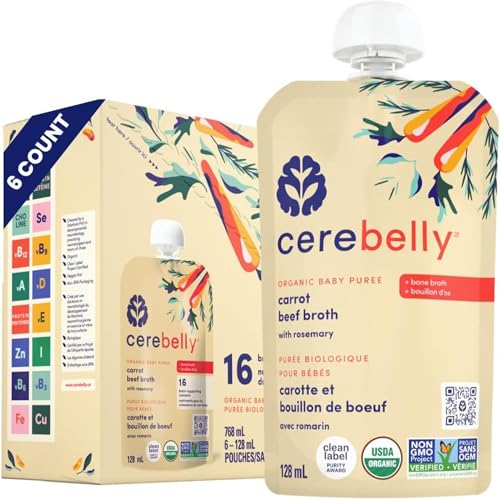 Cerebelly Organic Baby Food Pouches – Carrot Beef Bone Broth, 128 ml, Pack of 6 |Non-GMO| Sachets de nourriture pour bébé bio Cerebelly – Bouillon d'os de bœuf et carottes 128 ml, paquet de 6 | Sans OGM
